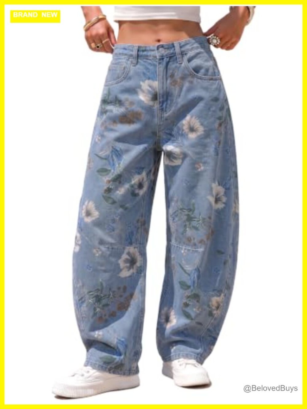Womens Floral Print Barrel Jeans Wide Leg Elastic Waist Boyfriend Denim Pants
